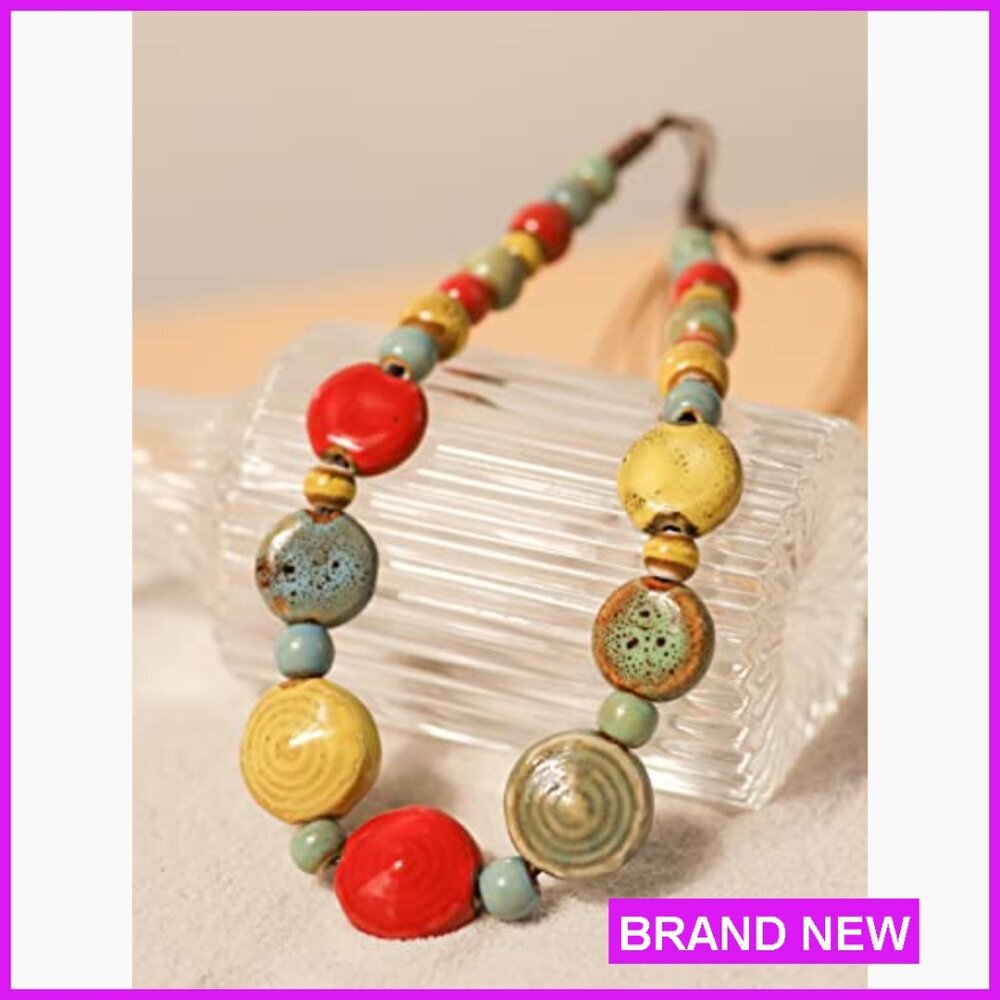 Boho Ceramic Bead Strand Necklace Adjustable Cord Vintage Bohemian Jewelry - Picture 5 of 6